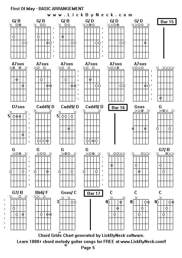 Chord Grids Chart of chord melody fingerstyle guitar song-First Of May - BASIC ARRANGEMENT,generated by LickByNeck software.